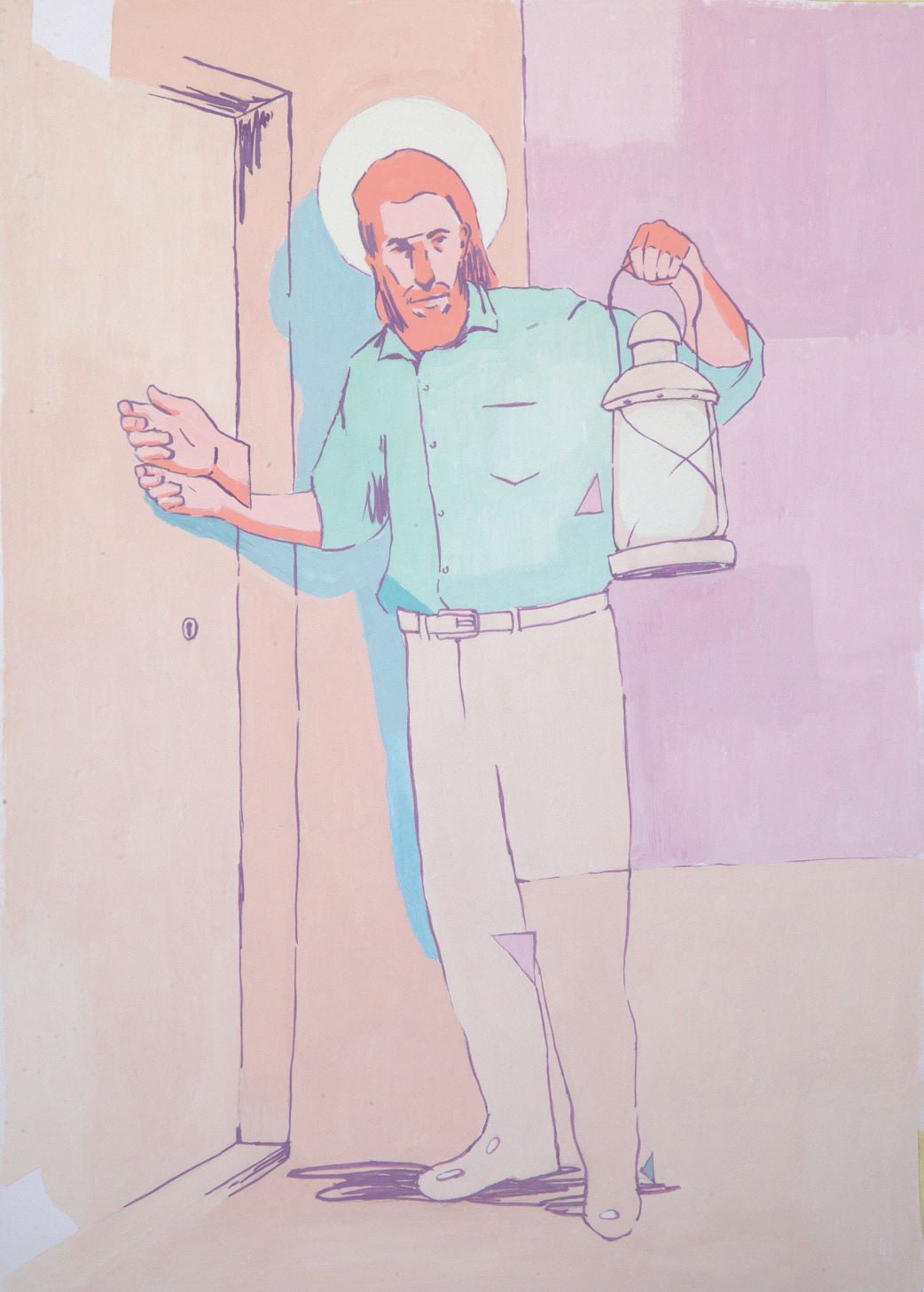 Light, Jesus at the door. lantern gouache painting art