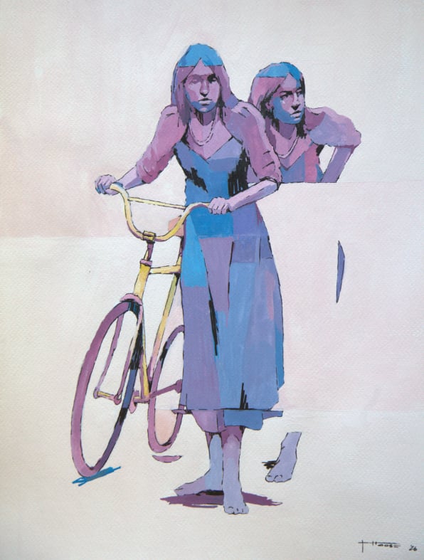  woman gouache paint bicycle